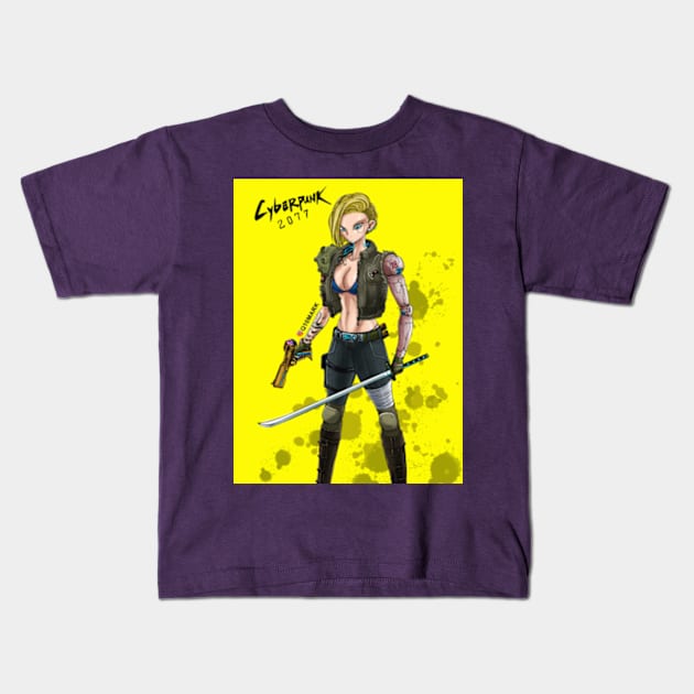 Android 18 in cyberpunk 2077 Kids T-Shirt by q10mark